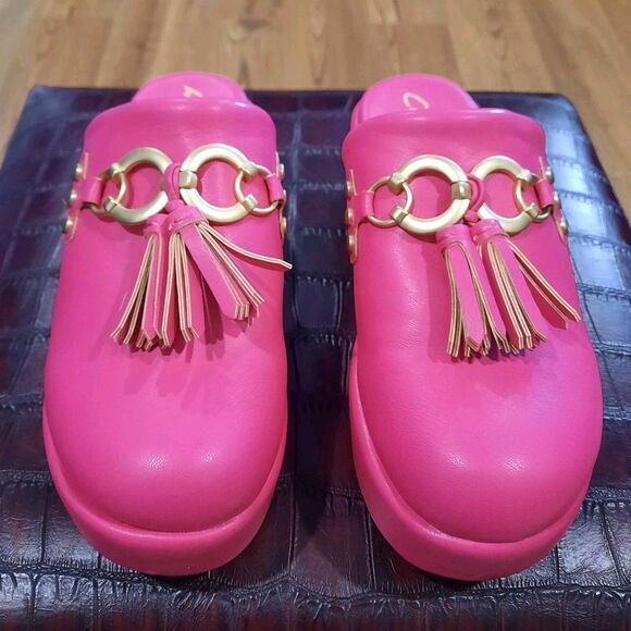 Circus NY Sam Edelman Jinger Clog Mules Flamingo Pink Gold Tassel Platform Sz 8 - Picture 2 of 12